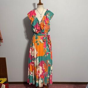 Flying Tomato Tropical Ruffle Maxi Dress in Teal, Orange & Pink